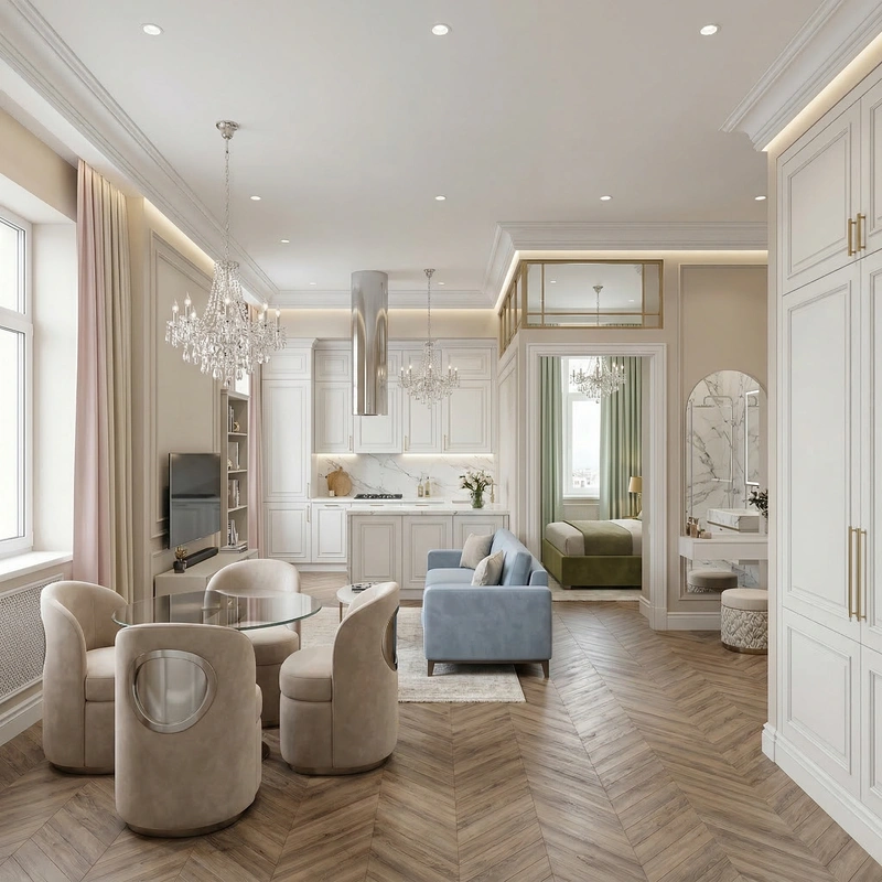 Дизайн гостиной в стиле Неоклассика — фото интерьера от нейросети RoomGPT