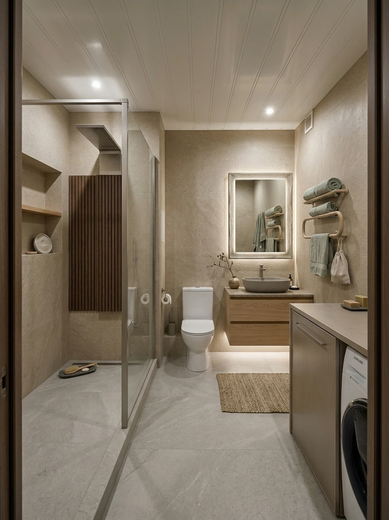 Дизайн ванной в стиле Japandi — фото интерьера от нейросети RoomGPT