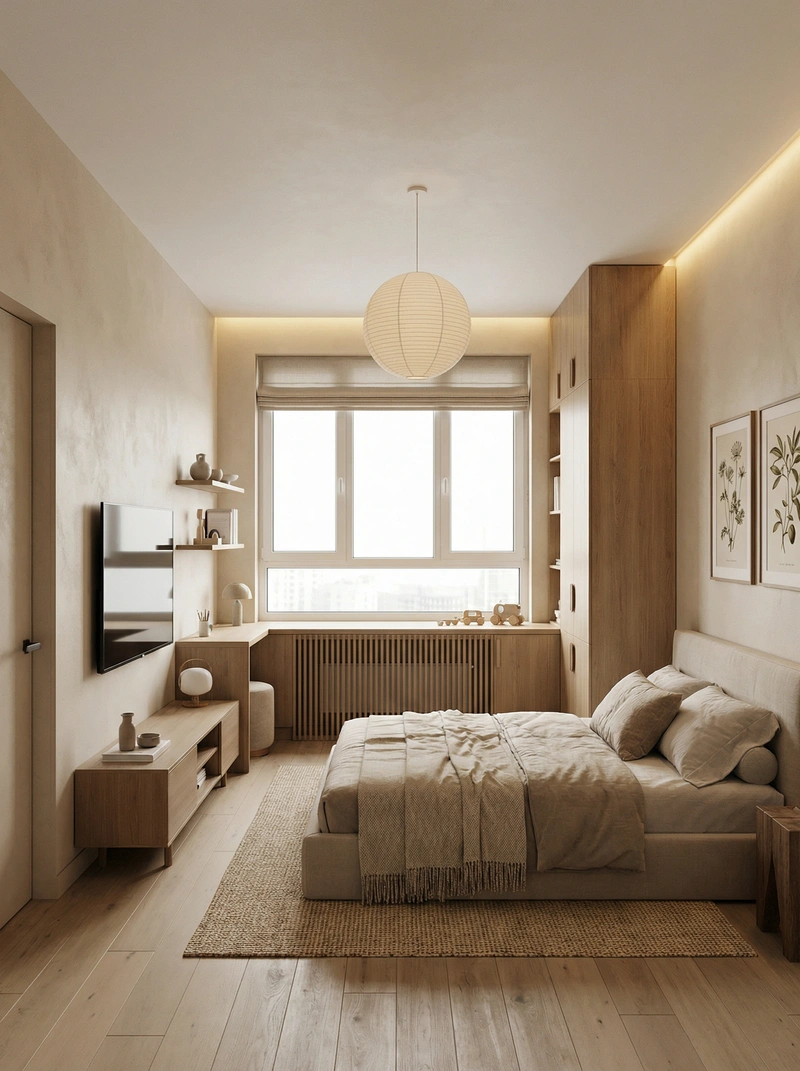 Дизайн спальни в стиле Japandi — фото интерьера от нейросети RoomGPT