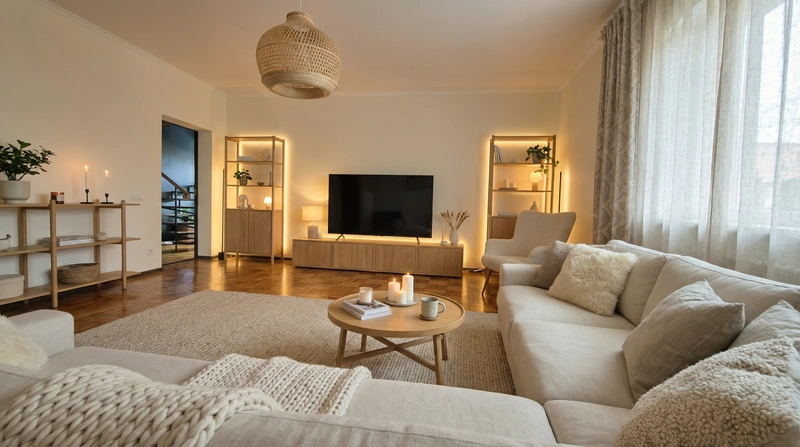 Дизайн интерьера в стиле Хюгге — Гостиная от нейросети RoomGPT