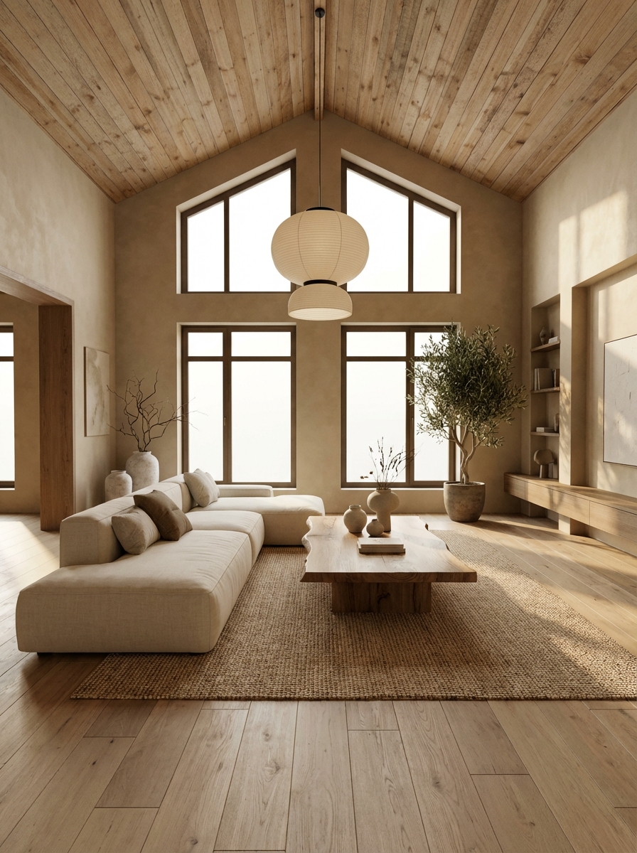 Дизайн гостиной в стиле Japandi — фото интерьера от нейросети RoomGPT