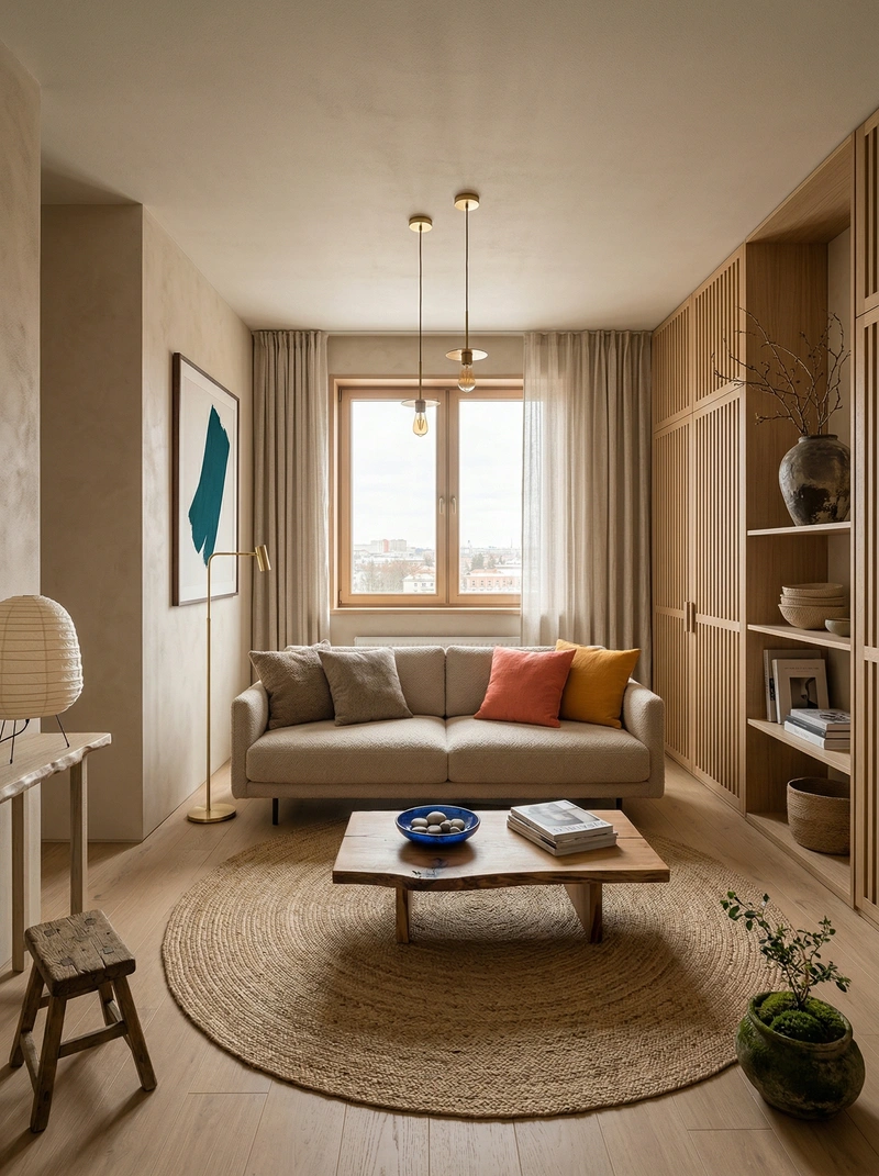 Дизайн гостиной в стиле Japandi — фото интерьера от нейросети RoomGPT