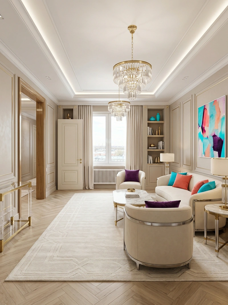 Дизайн гостиной в стиле Неоклассика — фото интерьера от нейросети RoomGPT