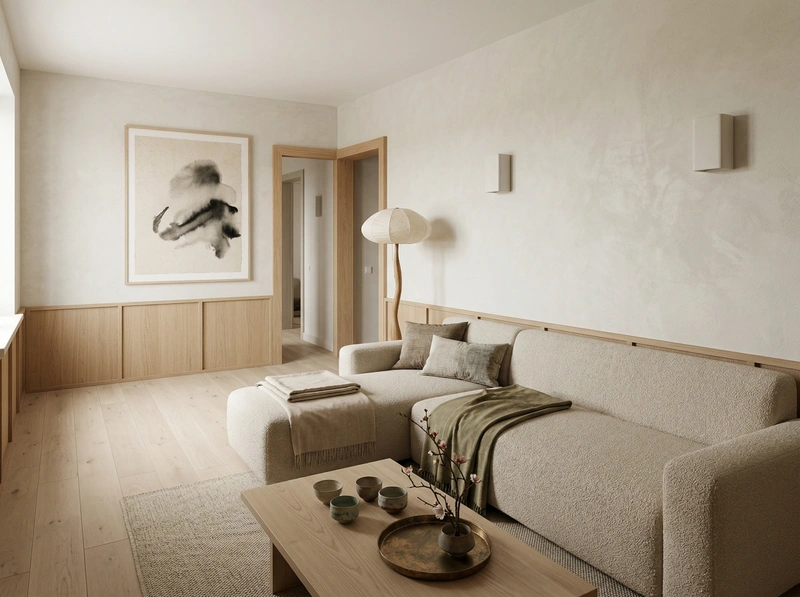 Дизайн гостиной в стиле Japandi — фото интерьера от нейросети RoomGPT