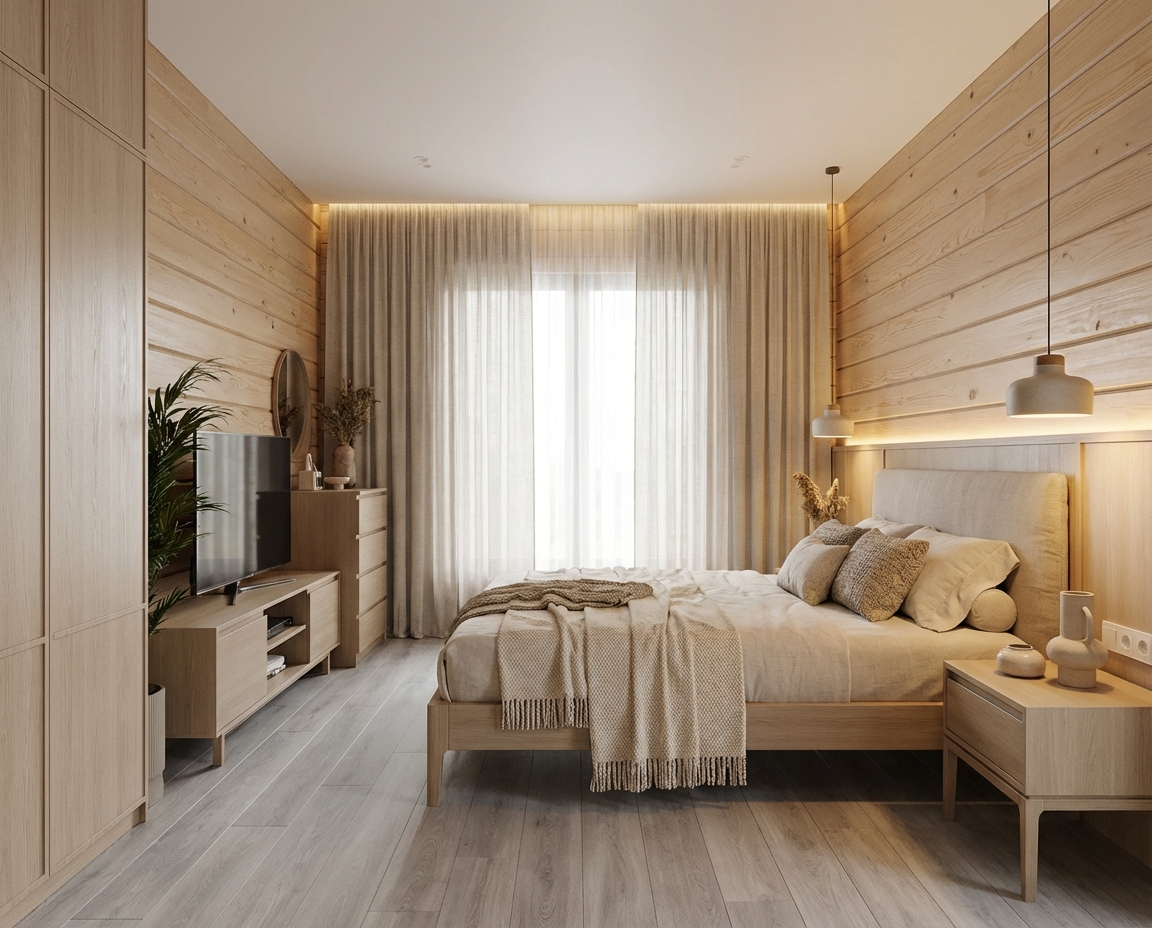 Дизайн спальни в стиле Japandi — фото интерьера от нейросети RoomGPT