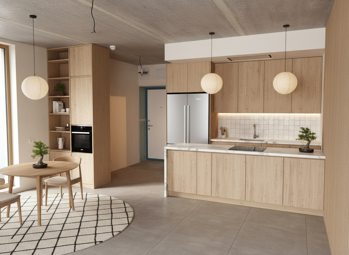 Дизайн кухни в стиле Japandi — фото интерьера от нейросети RoomGPT