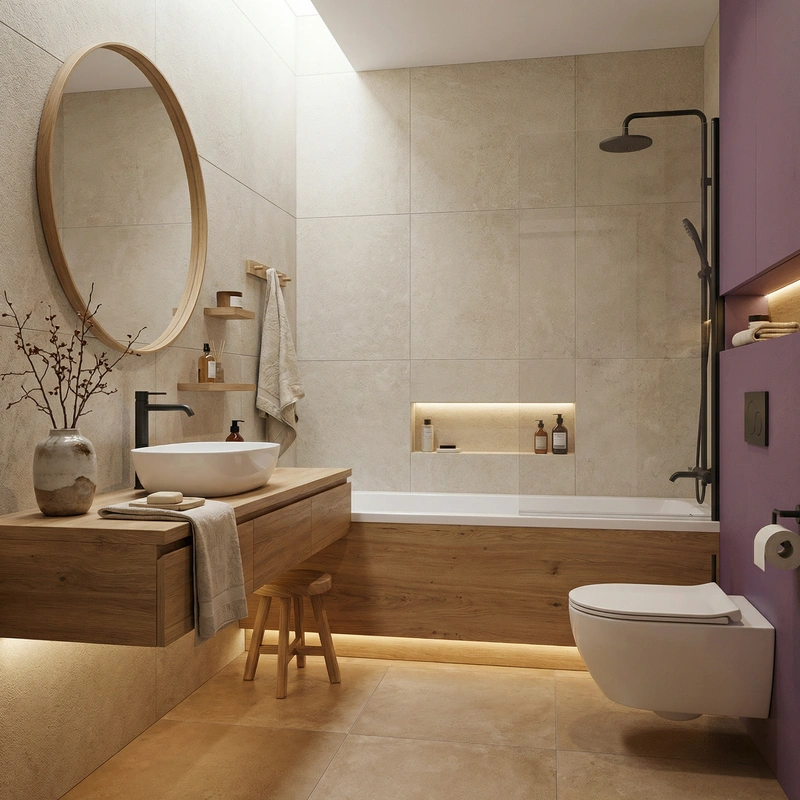 Дизайн ванной в стиле Japandi — фото интерьера от нейросети RoomGPT