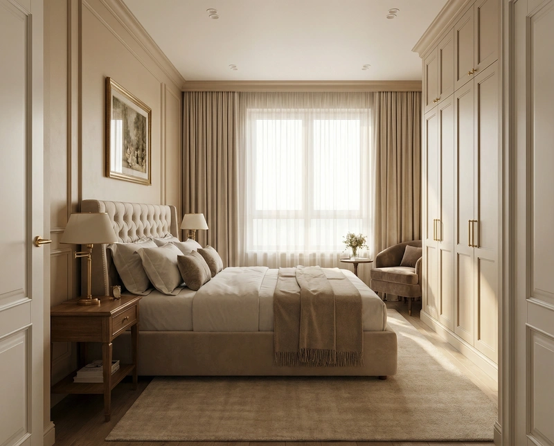 Дизайн спальни в стиле Классика — фото интерьера от нейросети RoomGPT