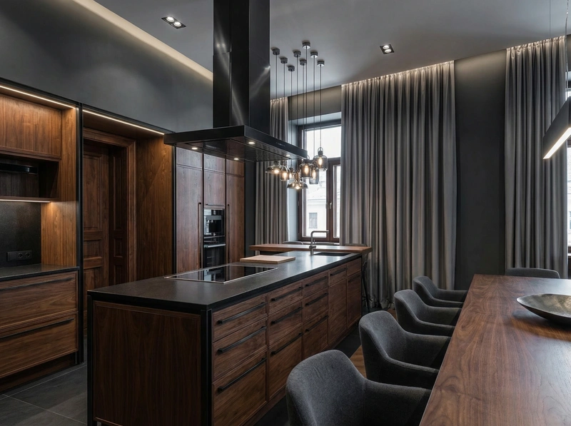Дизайн кухни в стиле Блэктэк — фото интерьера от нейросети RoomGPT
