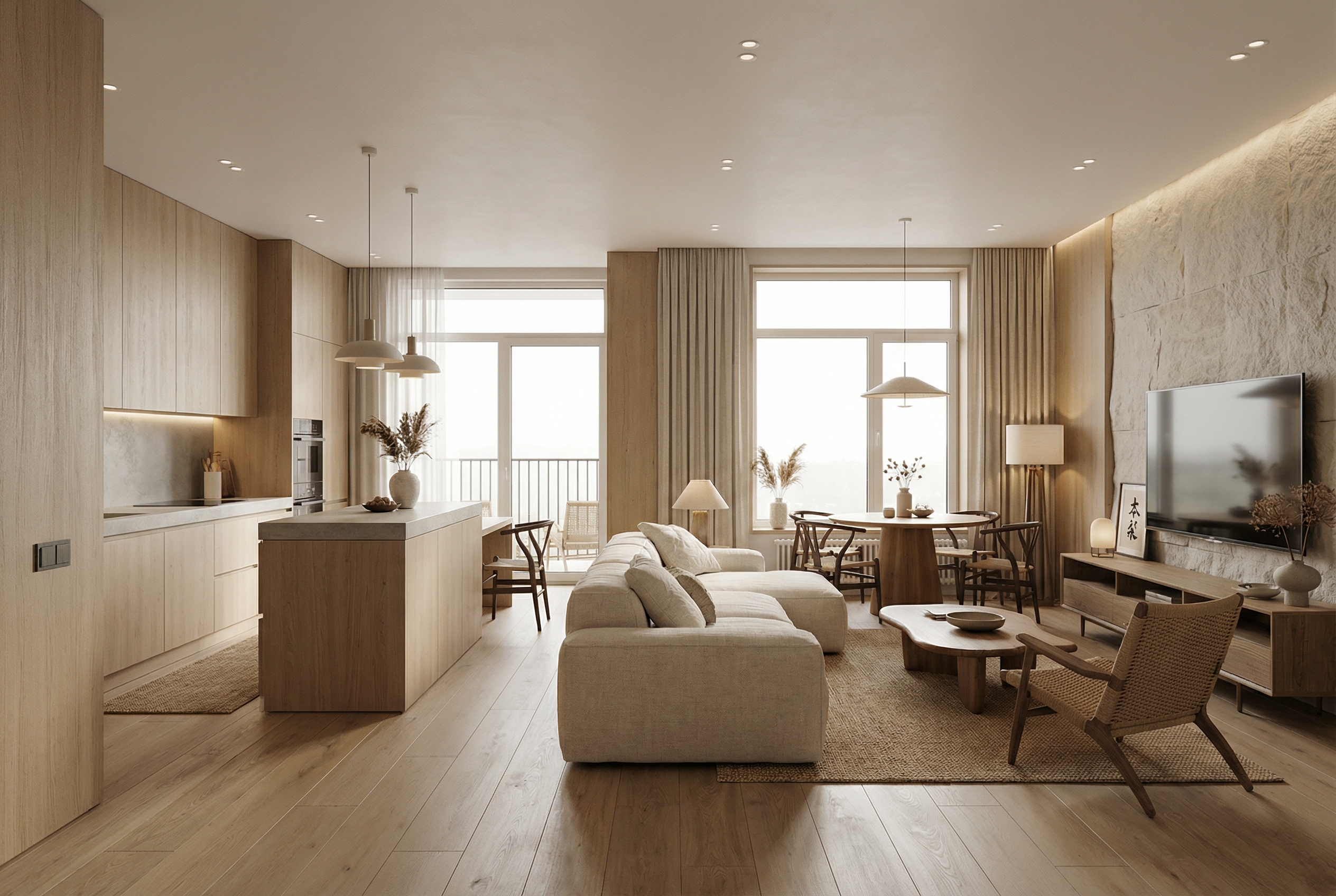 Дизайн гостиной в стиле Japandi — фото интерьера от нейросети RoomGPT