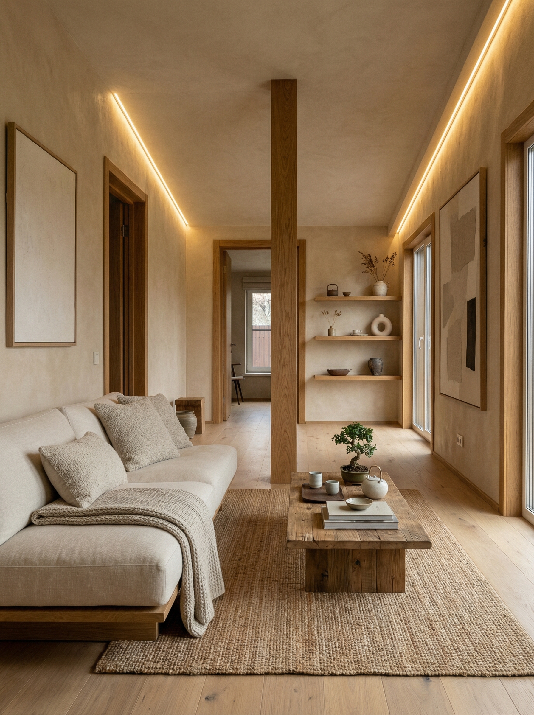 Дизайн гостиной в стиле Japandi — фото интерьера от нейросети RoomGPT