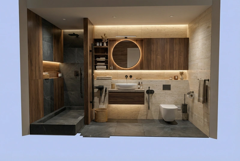 Дизайн ванной в стиле Japandi — фото интерьера от нейросети RoomGPT