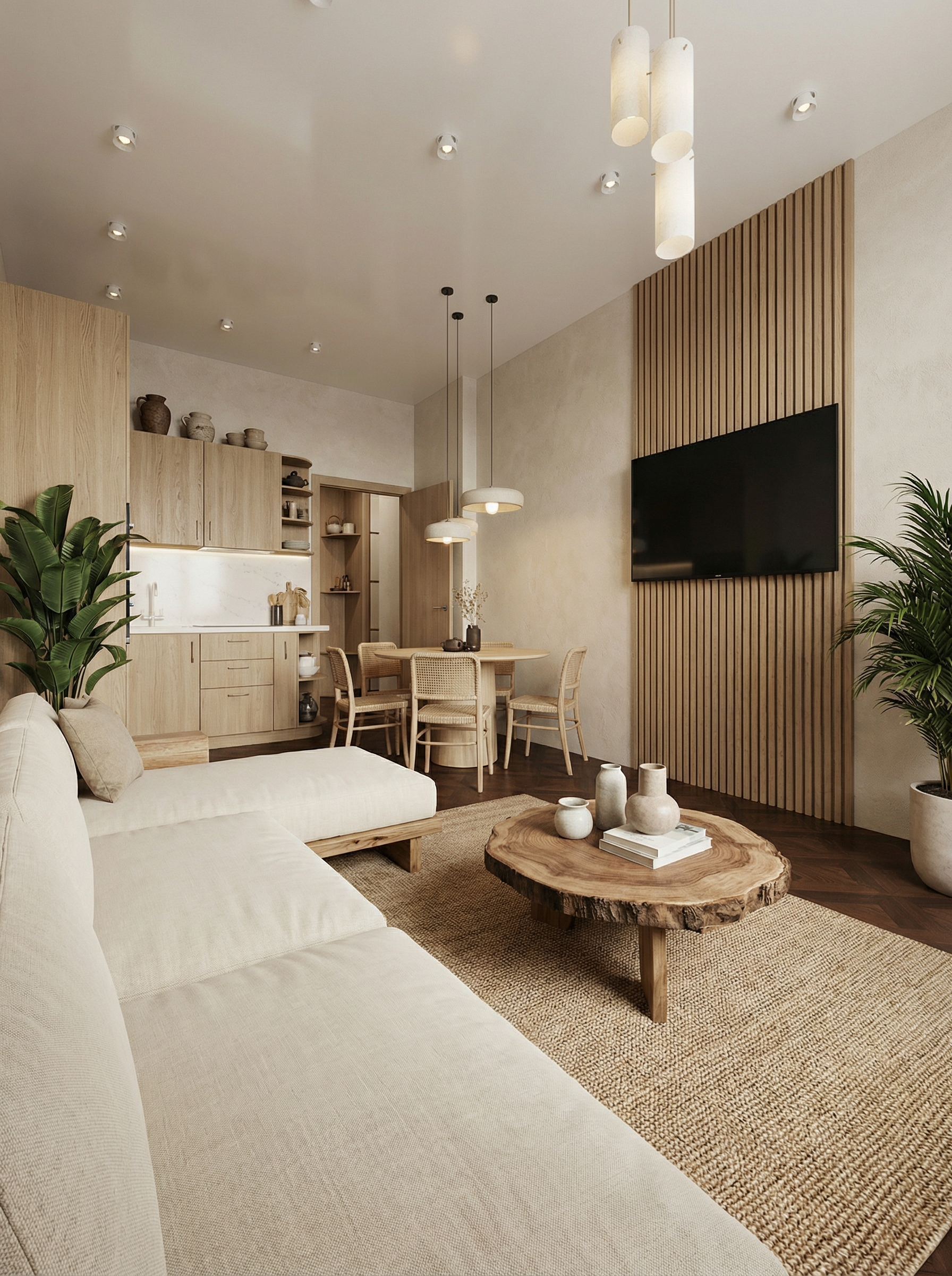 Дизайн гостиной в стиле Japandi — фото интерьера от нейросети RoomGPT