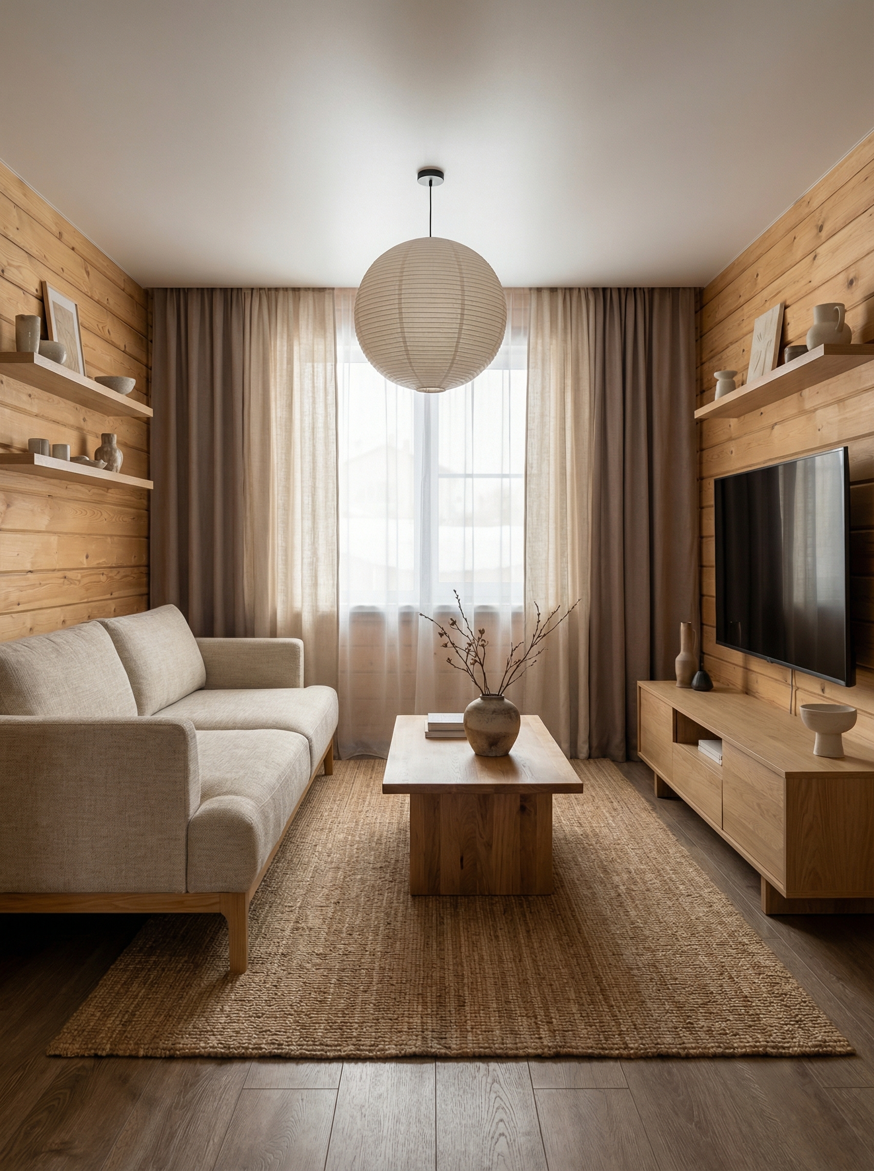 Дизайн гостиной в стиле Japandi — фото интерьера от нейросети RoomGPT