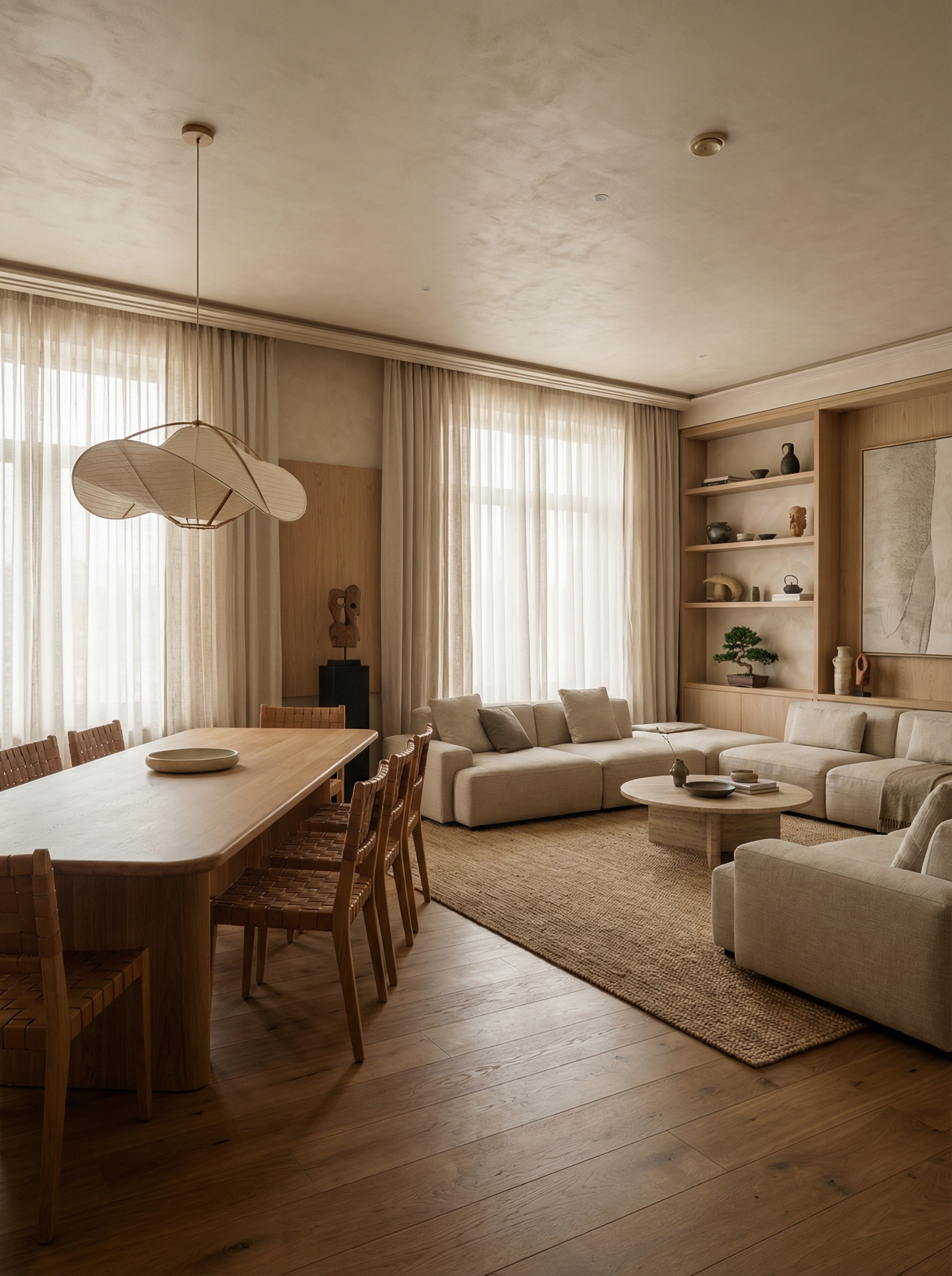 Дизайн гостиной в стиле Japandi — фото интерьера от нейросети RoomGPT