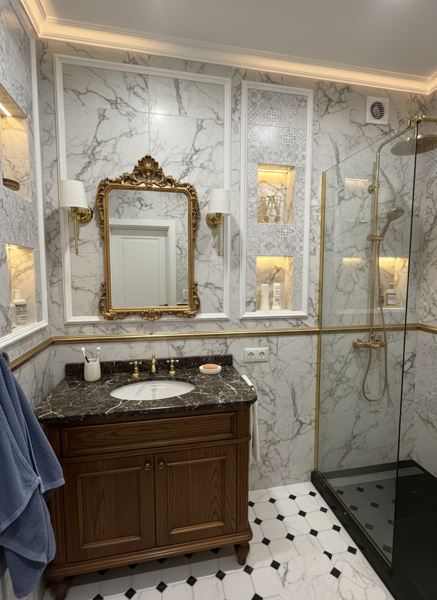 Дизайн ванной в стиле Классика — фото интерьера от нейросети RoomGPT