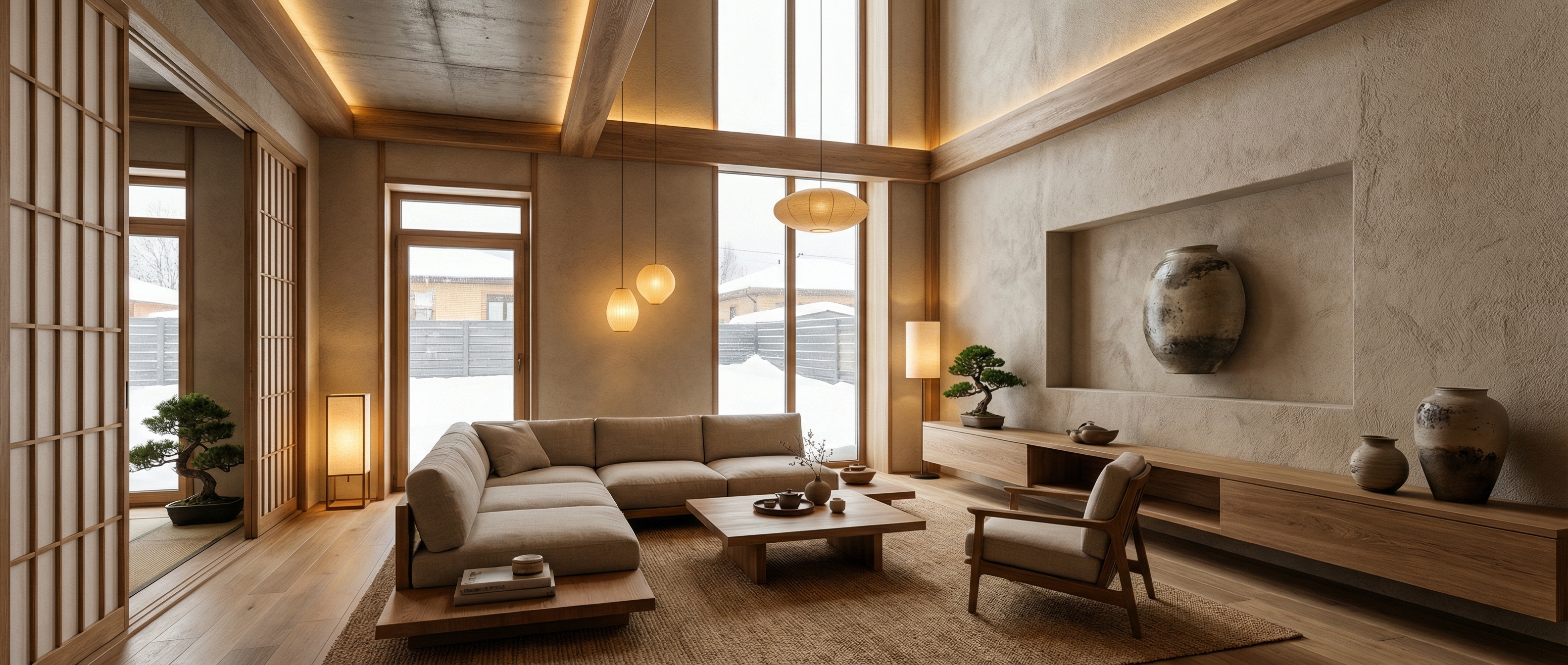 Дизайн гостиной в стиле Japandi — фото интерьера от нейросети RoomGPT