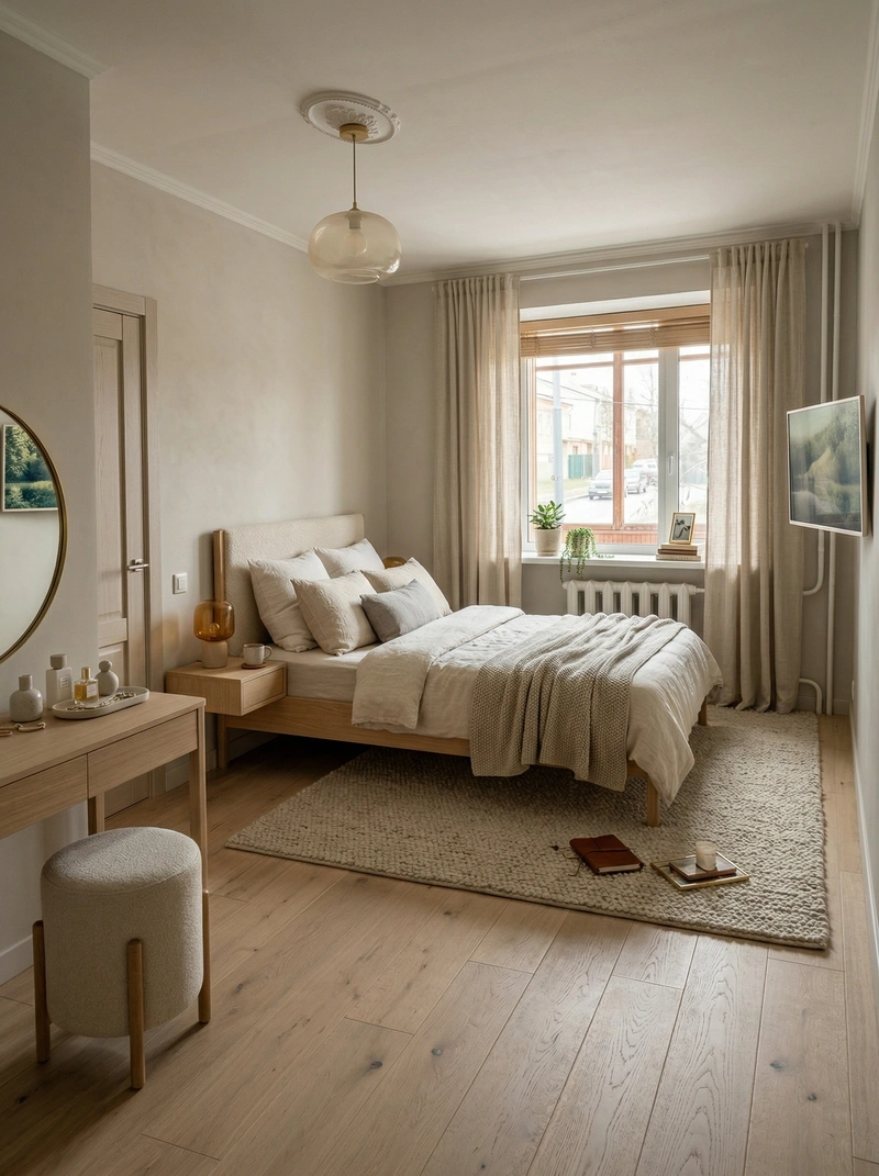 Дизайн спальни в стиле Хюгге — фото интерьера от нейросети RoomGPT