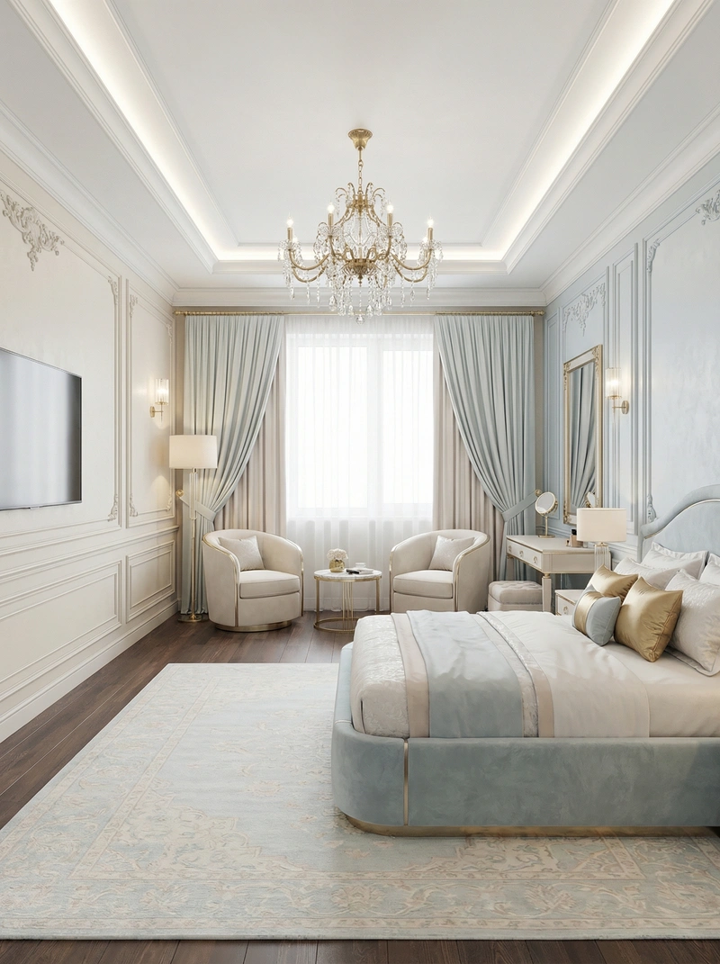 Дизайн спальни в стиле Неоклассика — фото интерьера от нейросети RoomGPT