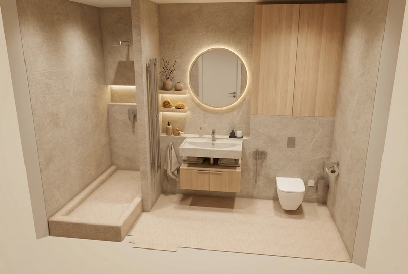 Дизайн ванной в стиле Japandi — фото интерьера от нейросети RoomGPT