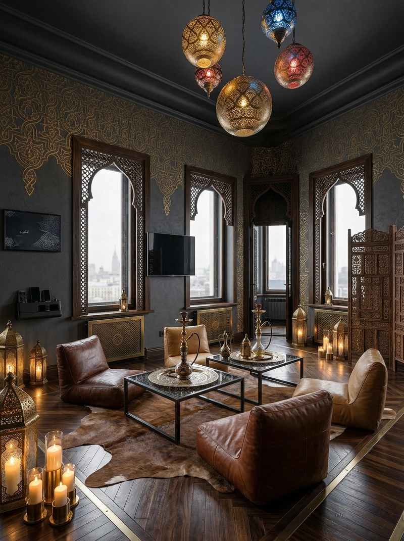 Дизайн гостиной в стиле Блэктэк — фото интерьера от нейросети RoomGPT