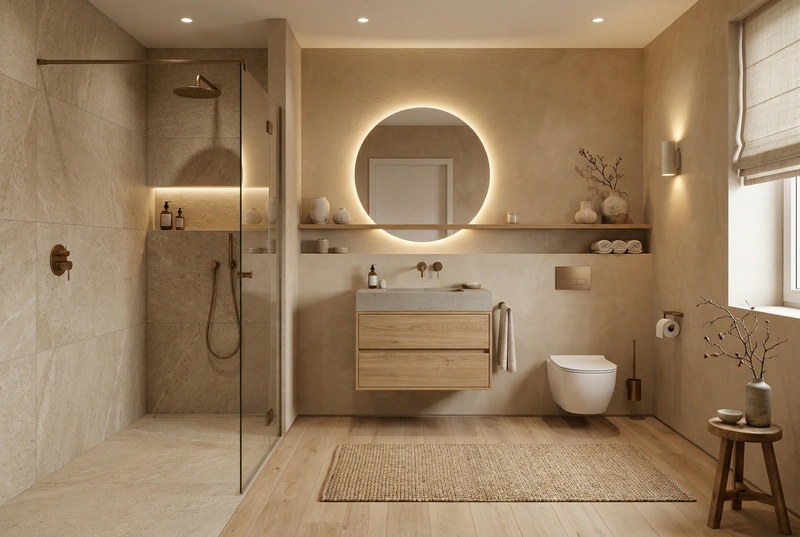 Дизайн ванной в стиле Japandi — фото интерьера от нейросети RoomGPT