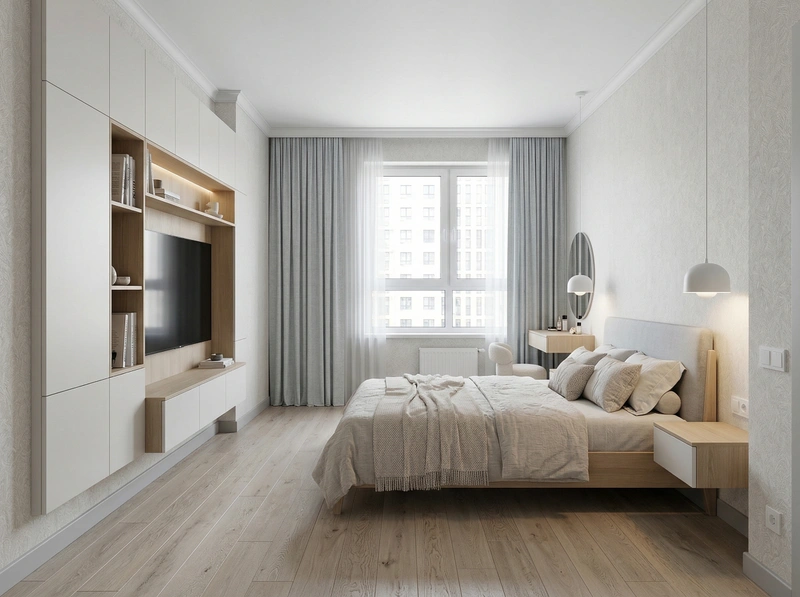 Дизайн спальни в стиле Сканди — фото интерьера от нейросети RoomGPT