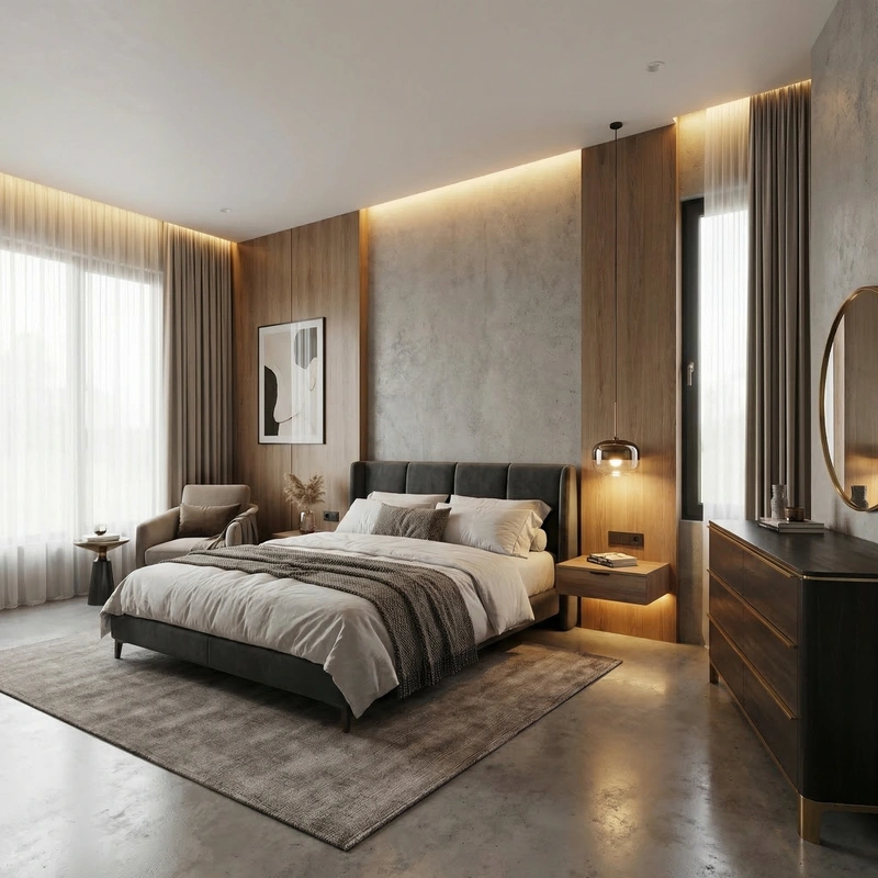 Дизайн спальни в стиле Контемпорари — фото интерьера от нейросети RoomGPT