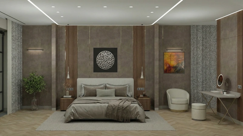 Дизайн спальни в стиле Контемпорари — фото интерьера от нейросети RoomGPT