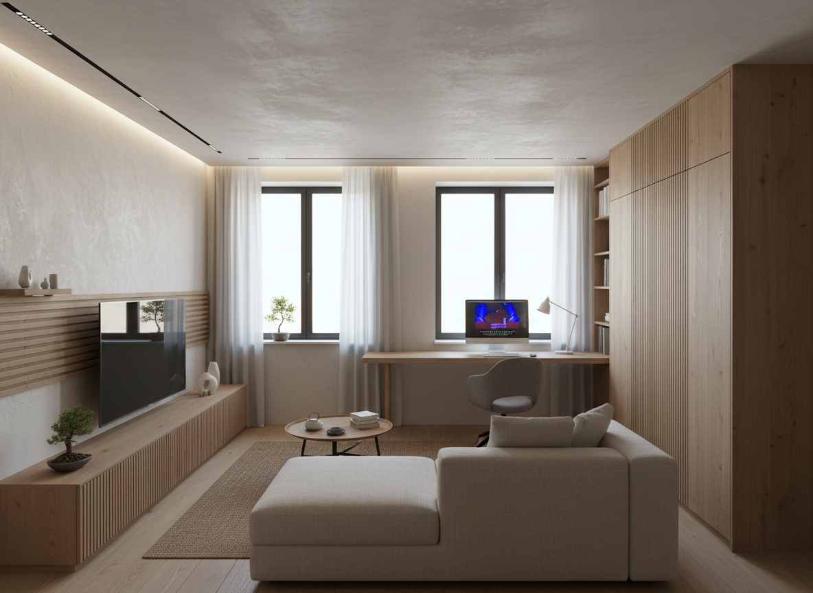 Дизайн гостиной в стиле Japandi — фото интерьера от нейросети RoomGPT