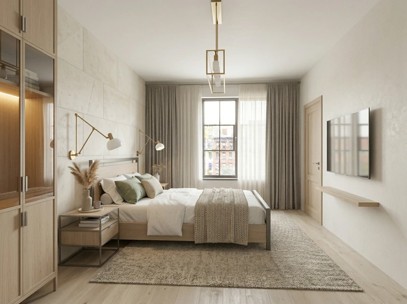 Дизайн спальни в стиле Сканди — фото интерьера от нейросети RoomGPT