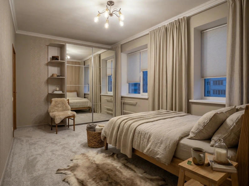 Дизайн спальни в стиле Хюгге — фото интерьера от нейросети RoomGPT