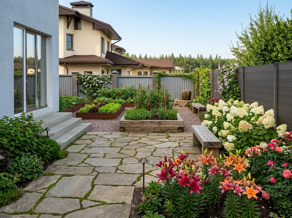 Ландшафтный дизайн в стиле Деревенский кантри — Участок от нейросети RoomGPT