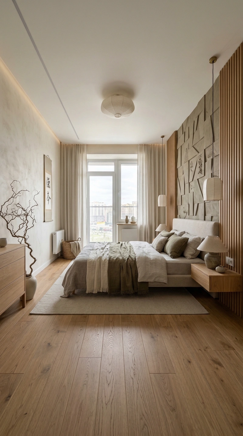 Дизайн спальни в стиле Japandi — фото интерьера от нейросети RoomGPT