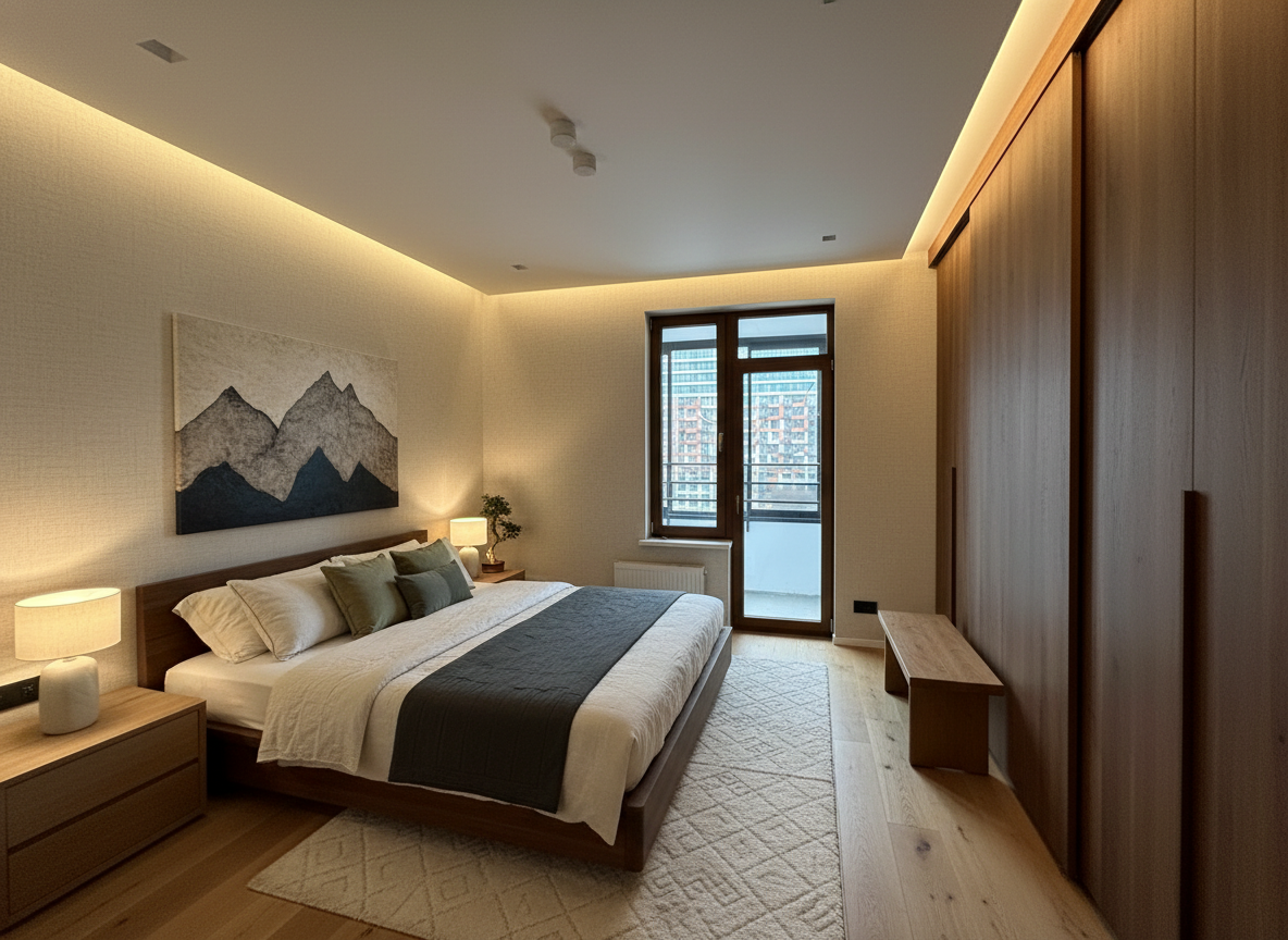 Дизайн спальни в стиле Japandi — фото интерьера от нейросети RoomGPT