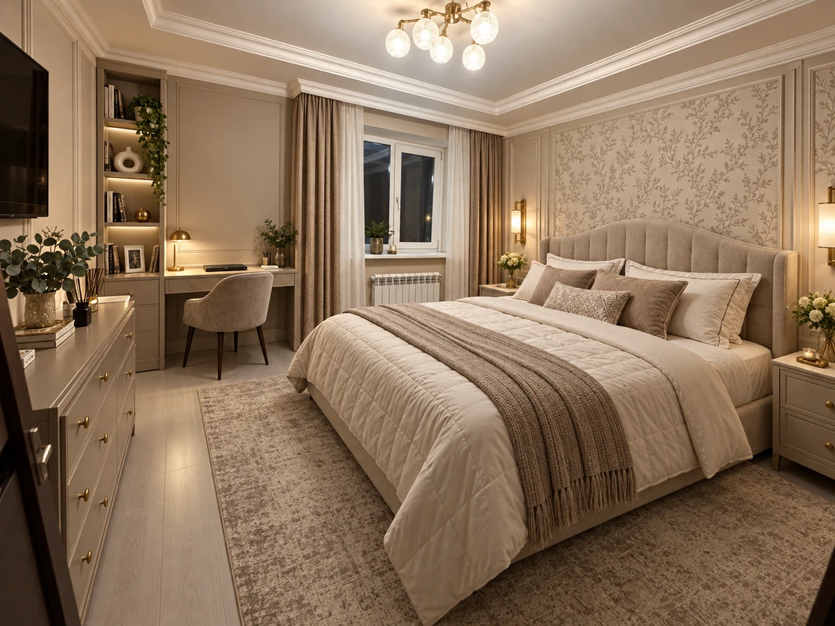 Дизайн спальни в стиле Неоклассика — фото интерьера от нейросети RoomGPT