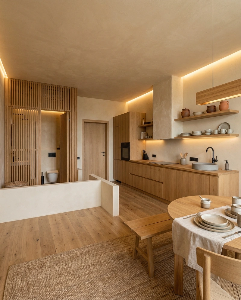 Дизайн кухни в стиле Japandi — фото интерьера от нейросети RoomGPT