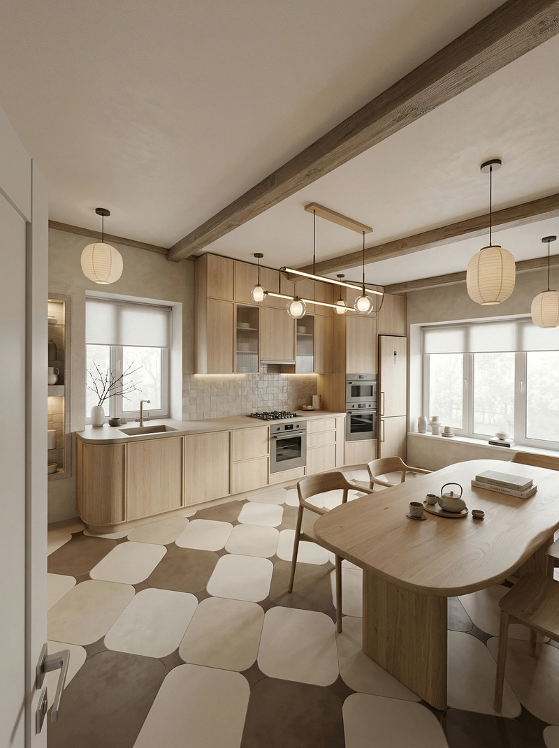 Дизайн кухни в стиле Japandi — фото интерьера от нейросети RoomGPT