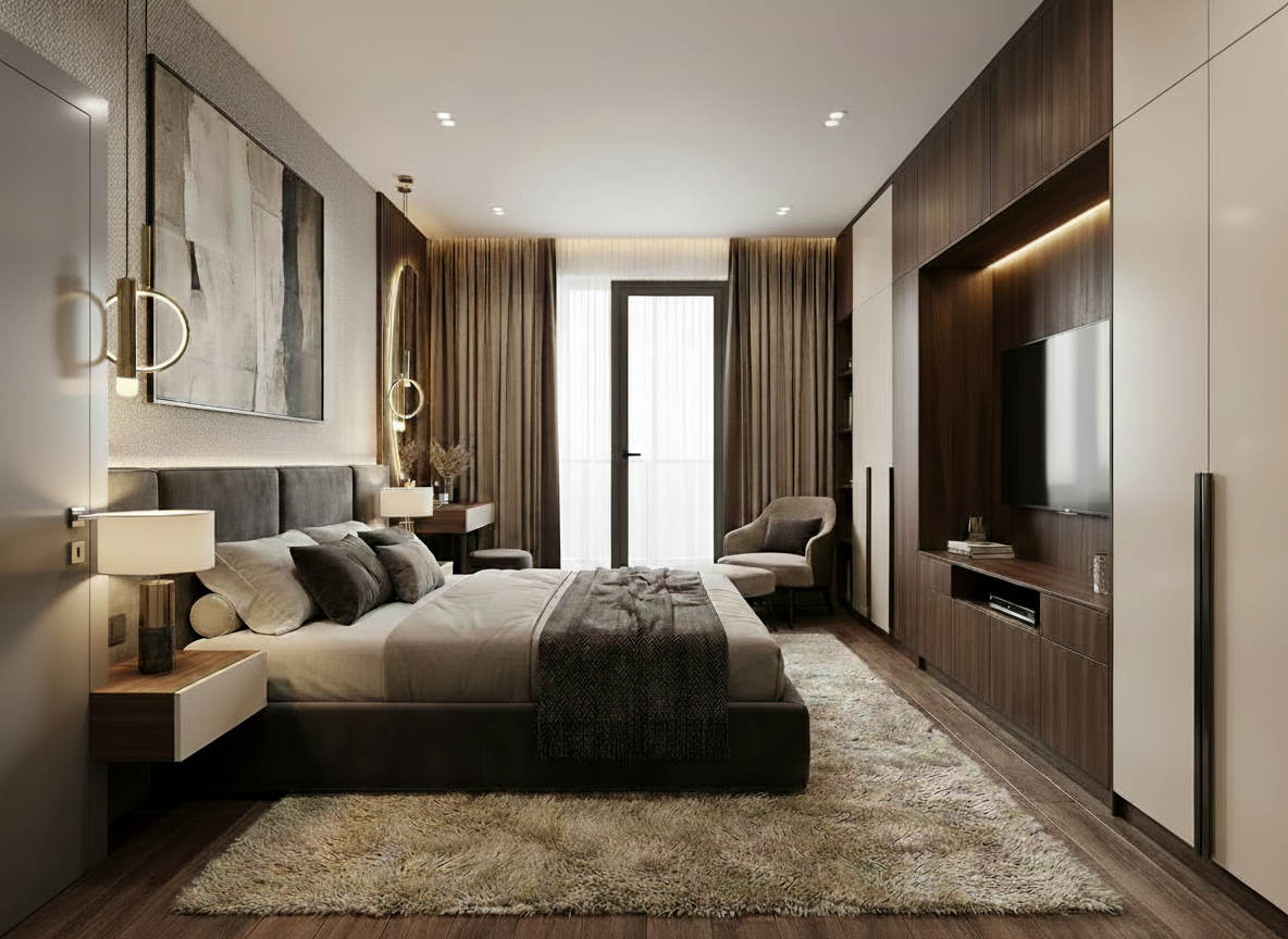 Дизайн спальни в стиле Контемпорари — фото интерьера от нейросети RoomGPT