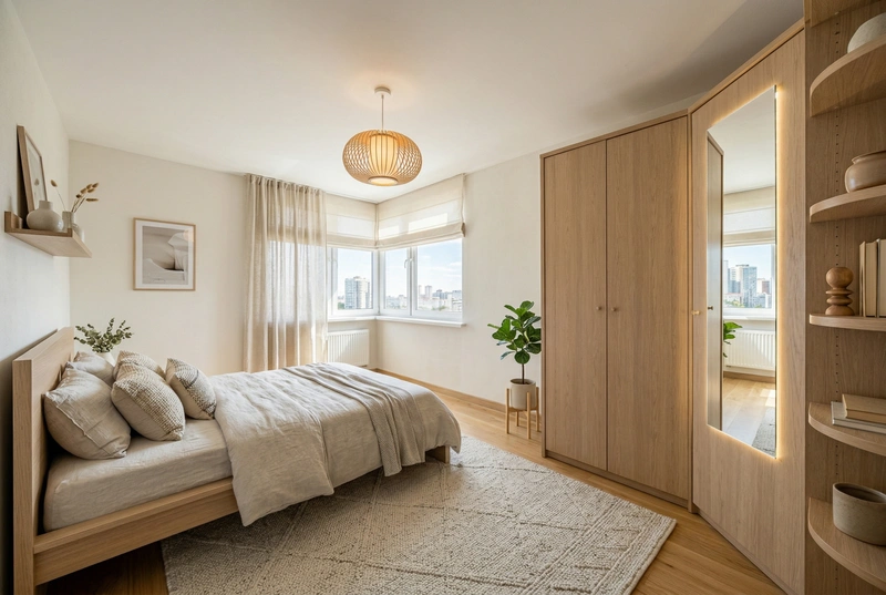 Дизайн спальни в стиле Сканди — фото интерьера от нейросети RoomGPT