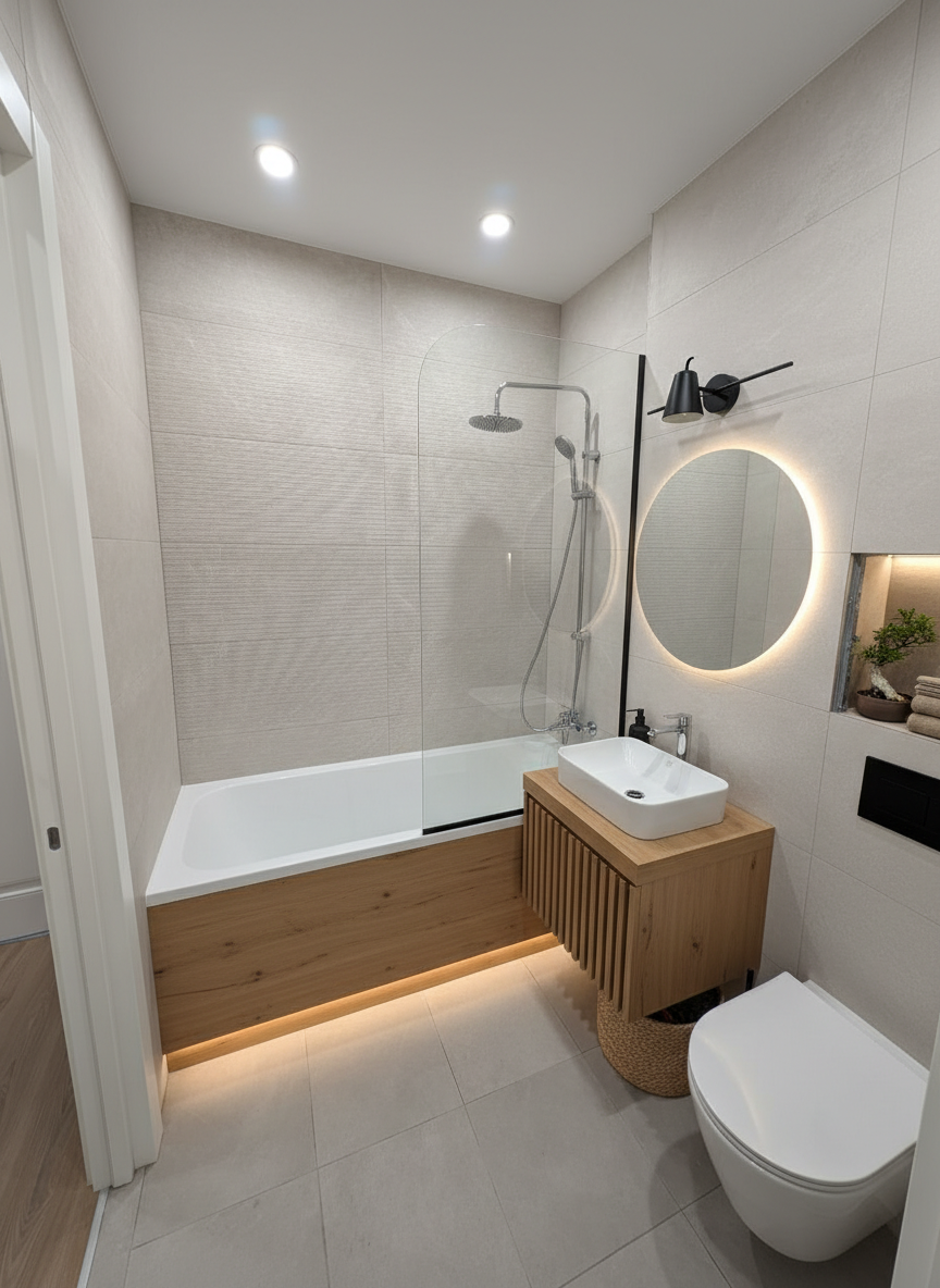 Дизайн ванной в стиле Japandi — фото интерьера от нейросети RoomGPT