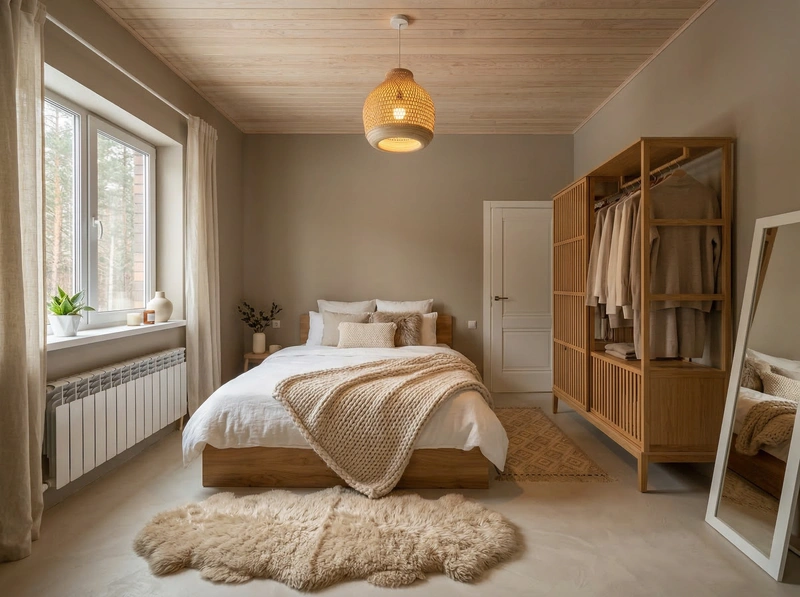 Дизайн спальни в стиле Хюгге — фото интерьера от нейросети RoomGPT