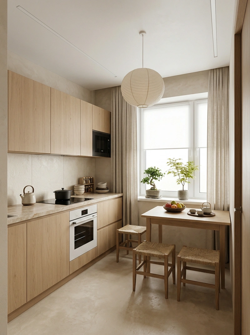 Дизайн кухни в стиле Japandi — фото интерьера от нейросети RoomGPT