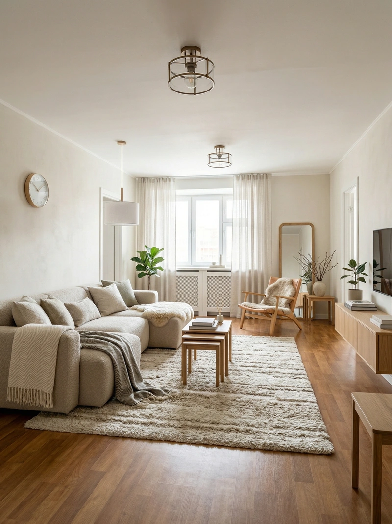 Дизайн гостиной в стиле Хюгге — фото интерьера от нейросети RoomGPT