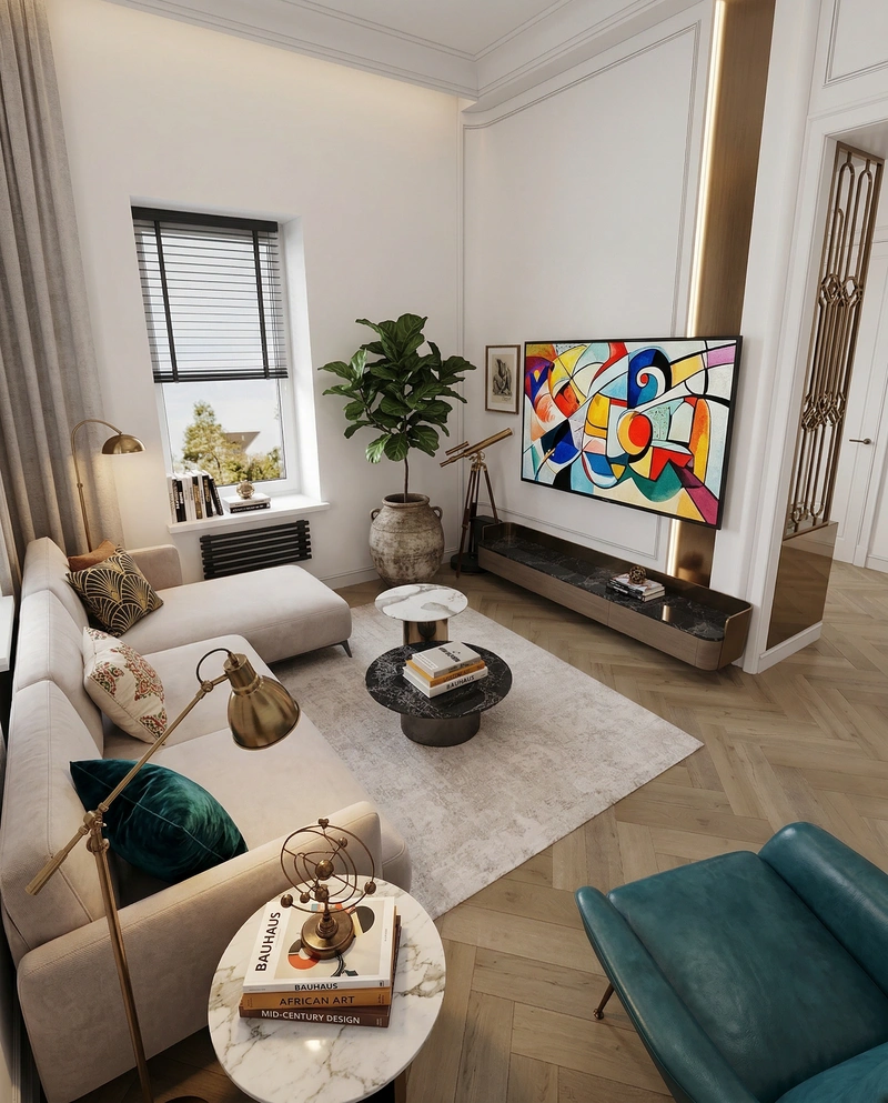 Дизайн гостиной в стиле Эклектика — фото интерьера от нейросети RoomGPT