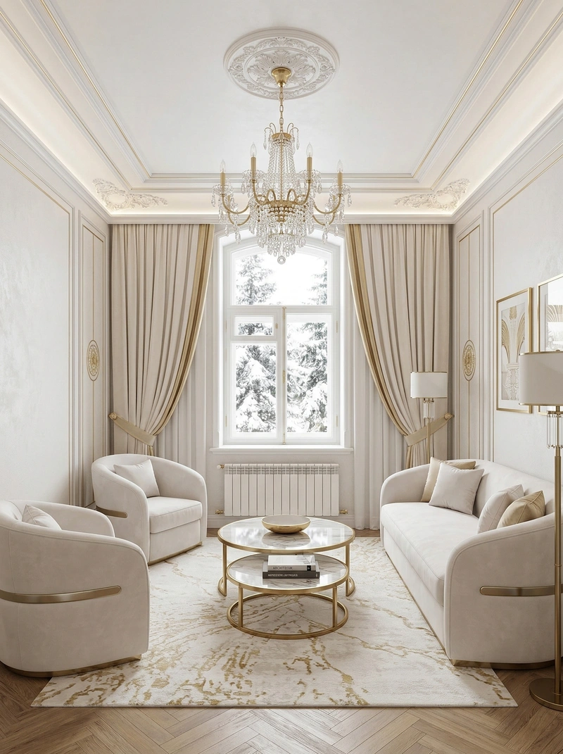 Дизайн гостиной в стиле Неоклассика — фото интерьера от нейросети RoomGPT