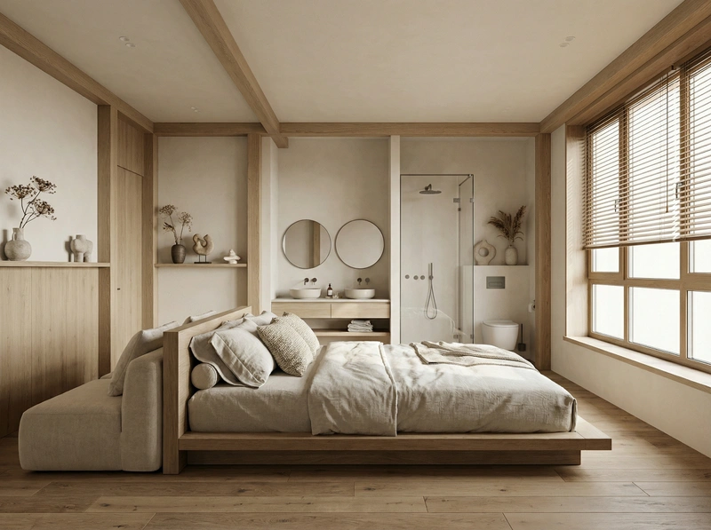 Дизайн спальни в стиле Japandi — фото интерьера от нейросети RoomGPT