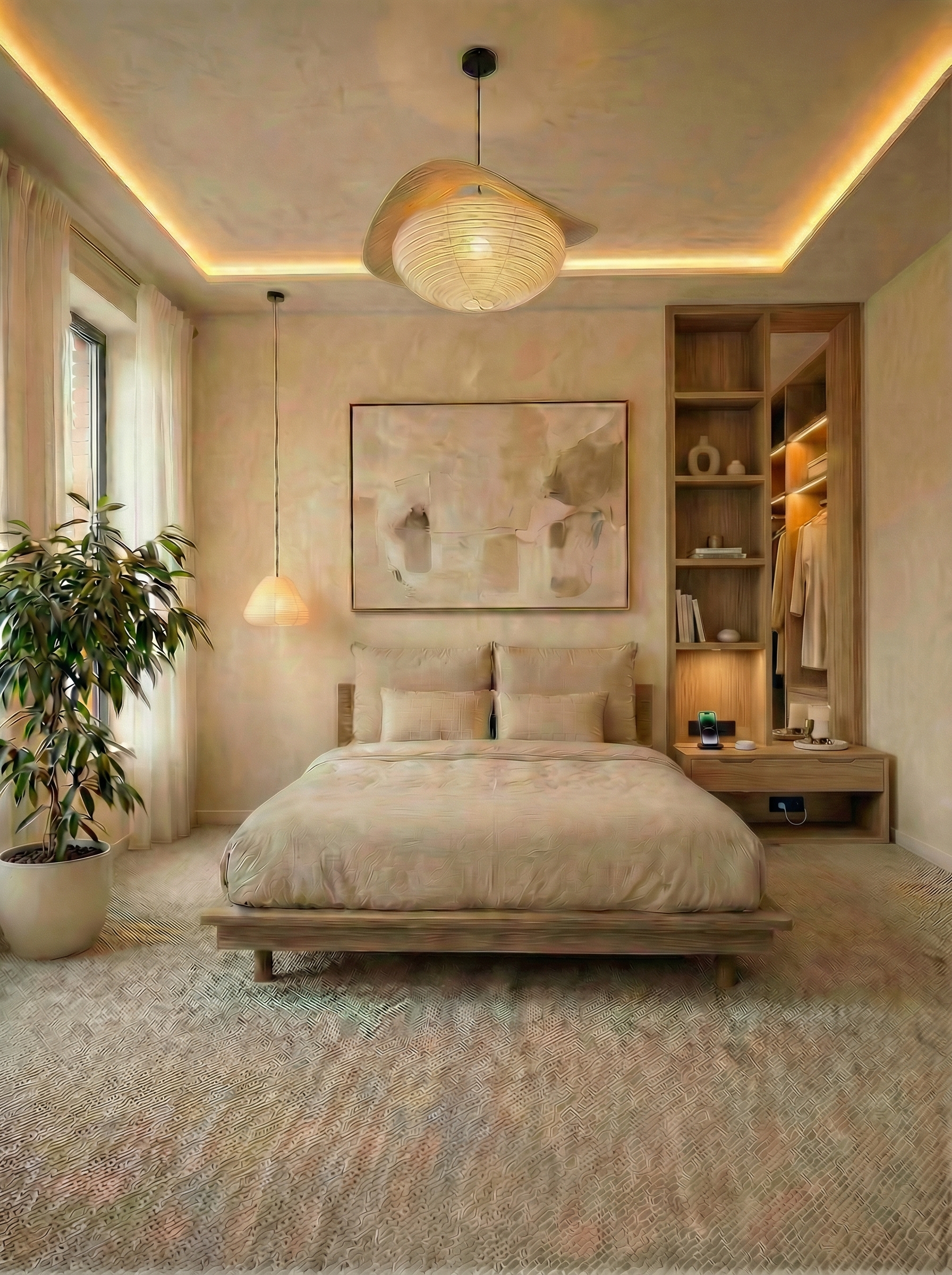 Дизайн спальни в стиле Japandi — фото интерьера от нейросети RoomGPT