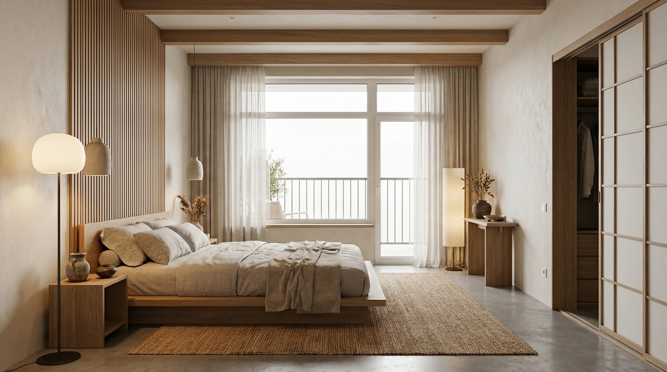 Дизайн спальни в стиле Japandi — фото интерьера от нейросети RoomGPT