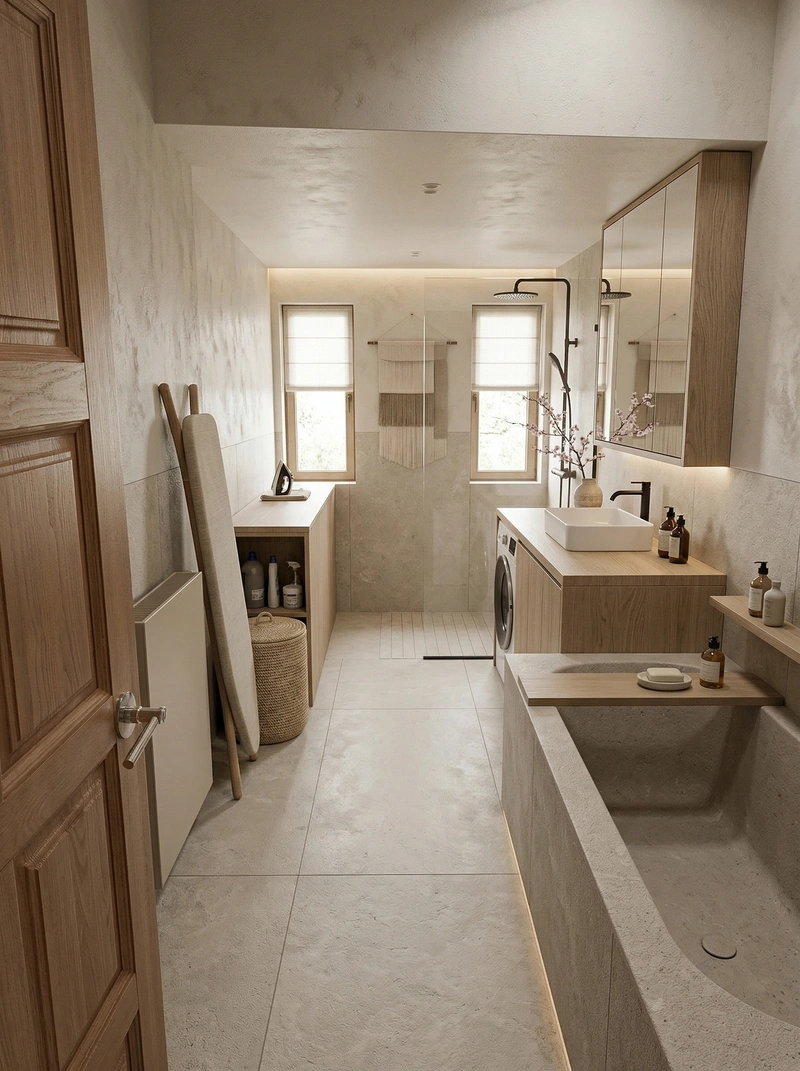 Дизайн ванной в стиле Japandi — фото интерьера от нейросети RoomGPT